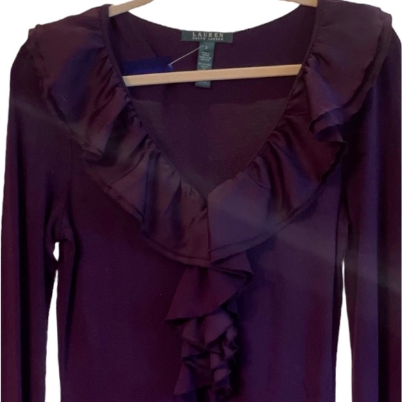 Lauren By Ralph Lauren. V-neckline Top With Ruffle Detail. Burgundy. Size Small - Picture 3 of 14